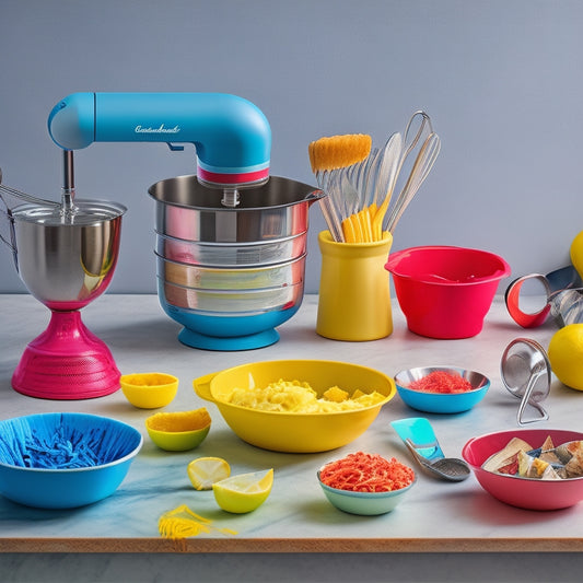 A tidy, modern kitchen countertop with a stainless steel stand mixer, a set of precision-cutting knives, a silicone pastry brush, and a stack of vibrant, colorful measuring cups.