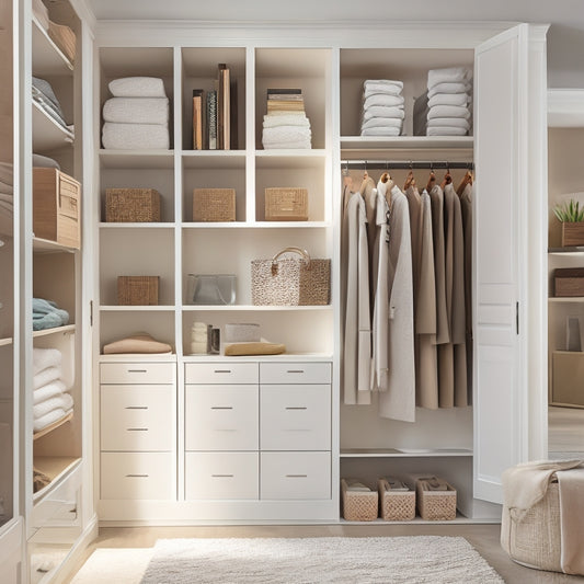 A serene, well-organized closet interior with cream-colored walls, natural wood shelves, and a mix of sleek, modern storage units in white and chrome, illuminated by soft, warm light.