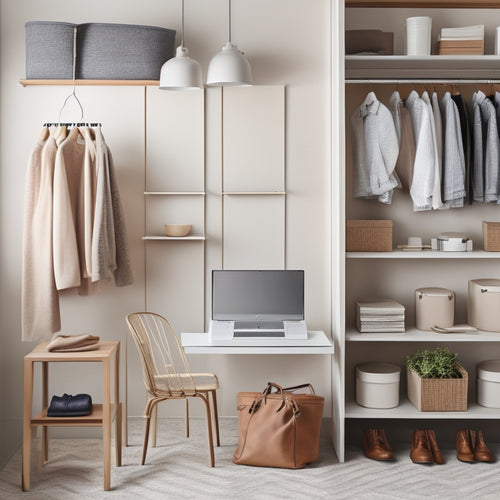 A tidy, minimalist closet with neutral-colored walls, a wooden shelf, and a few neatly organized outfits on hangers, surrounded by a laptop and a few notebooks, with a subtle grid pattern in the background.