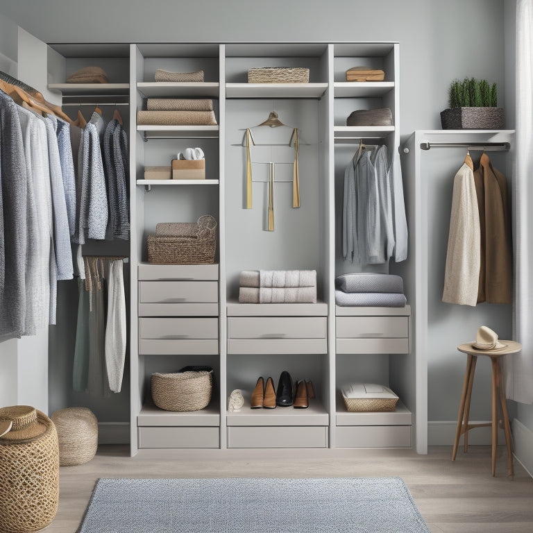 A minimalist, well-lit closet interior with a U-shaped layout, featuring a combination of shelves, drawers, and rods at varying heights, and a few carefully placed accessories like a woven basket and a velvet-covered stool.
