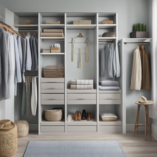 A minimalist, well-lit closet interior with a U-shaped layout, featuring a combination of shelves, drawers, and rods at varying heights, and a few carefully placed accessories like a woven basket and a velvet-covered stool.