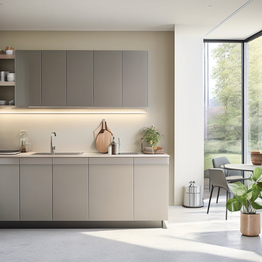 A minimalist kitchen with sleek, handleless cabinets in soft gray, featuring a wall-mounted fold-down table, a retractable drying rack, and a slide-out trash can, surrounded by warm natural light.