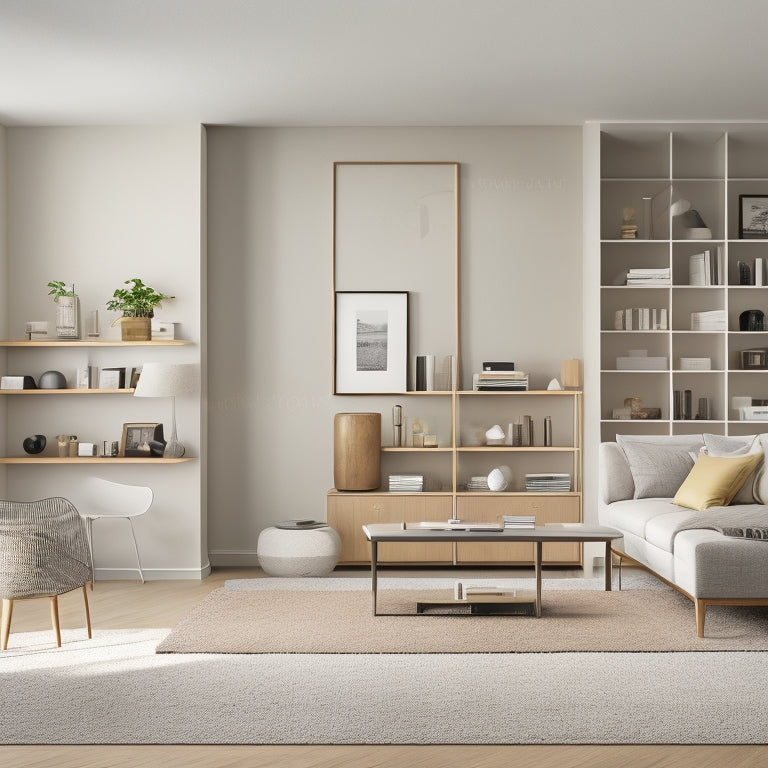 A serene, minimalist living room with a few, carefully placed, sleek storage units and a single, elegant, floor-to-ceiling shelf, with a few, carefully selected, decorative items on display.