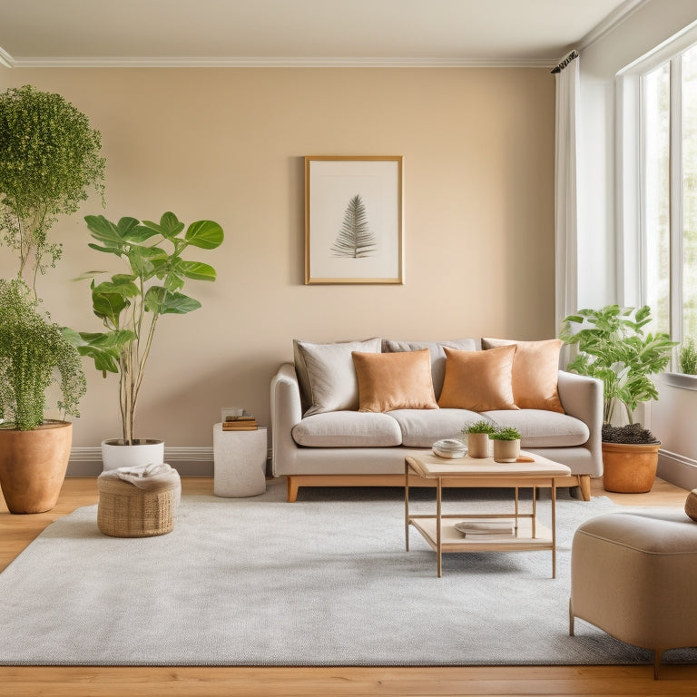 A minimalist, serene living room with a neutral color palette, natural light, and carefully curated furniture, featuring a floor-to-ceiling shelf, a plush area rug, and a few, thoughtfully placed potted plants.