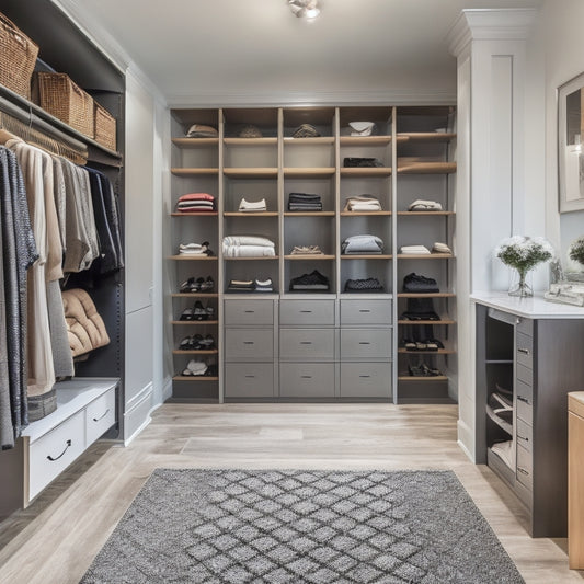 A serene, walk-in closet with Creamy White walls and rich, dark wood flooring, featuring a mix of sleek, silver storage units, shelves, and drawers, with a few stylish, black, leather-bound boxes and baskets.