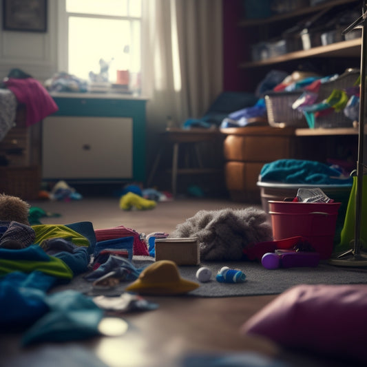 A messy living room with cluttered shelves, piles of dirty laundry, and scattered toys, with a faint outline of a peaceful, organized space in the background, blurred by a hazy filter.