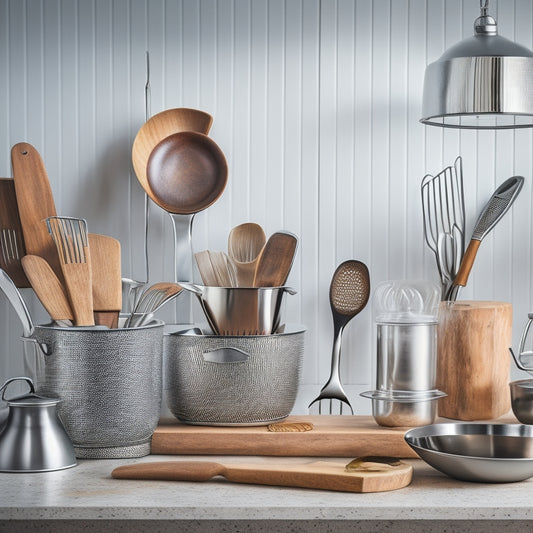 A tidy kitchen counter with a utensil organizer, holding neatly arranged whisks, spatulas, and wooden spoons, alongside a stack of gleaming cookware, with a single, perfectly placed chef's knife.