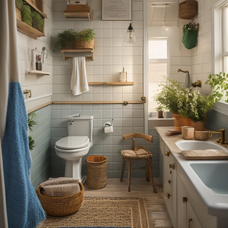 A cluttered yet cozy tiny bathroom with a miniature sink, toilet, and shower, surrounded by clever storage solutions like woven baskets, hanging hooks, and a ladder-turned-towel-rack.