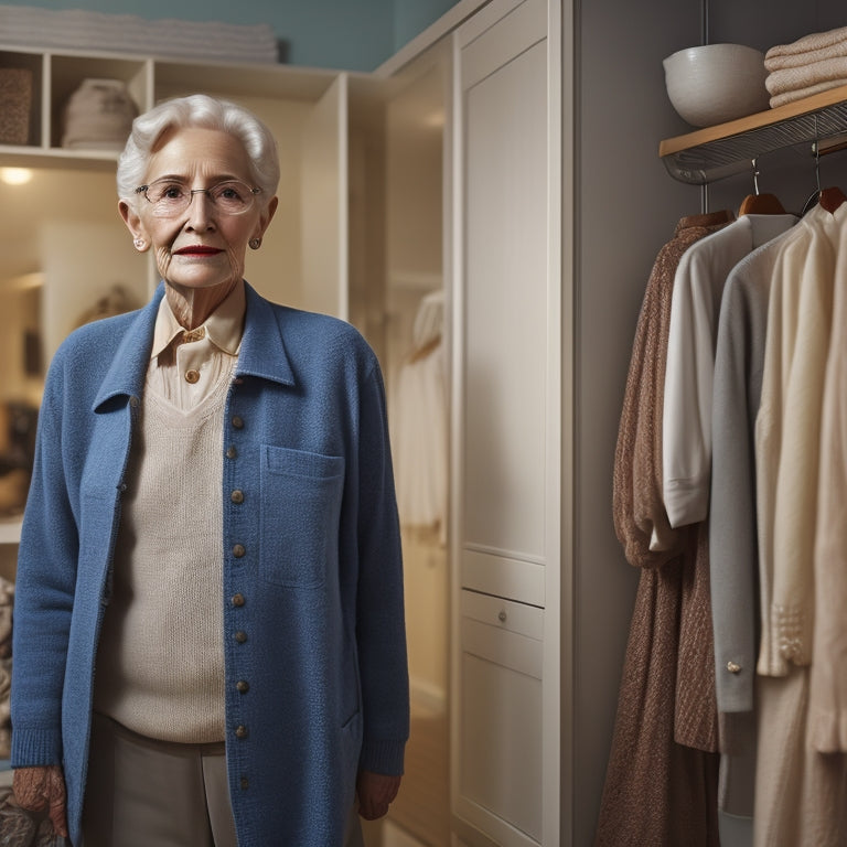 An elderly person, with silver hair and gentle smile, standing in front of a tidy, minimalist closet with soft, warm lighting, surrounded by organized shelves and neatly hung clothes.