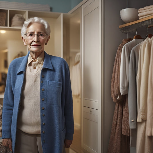 An elderly person, with silver hair and gentle smile, standing in front of a tidy, minimalist closet with soft, warm lighting, surrounded by organized shelves and neatly hung clothes.