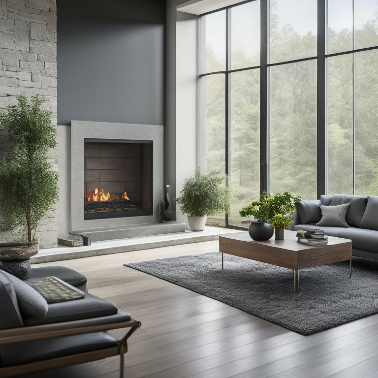 A modern, sleek living room with a newly installed hardwood floor, a fresh coat of light gray paint, and a statement stone fireplace, surrounded by lush greenery and natural light.