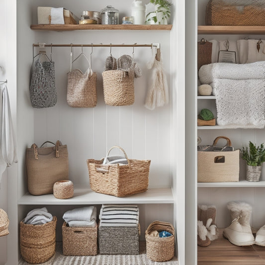 A bright, organized closet with a mix of repurposed crates and DIY shelves, adorned with fairy lights, a woven basket, and a few eclectic accessories, set against a calming white and wood tone background.
