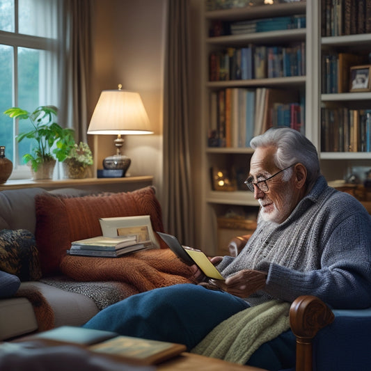 A calm, clutter-free living room with a senior citizen sitting comfortably on a couch, surrounded by organized shelves and a tablet with a subtle glow, displaying a digital calendar.