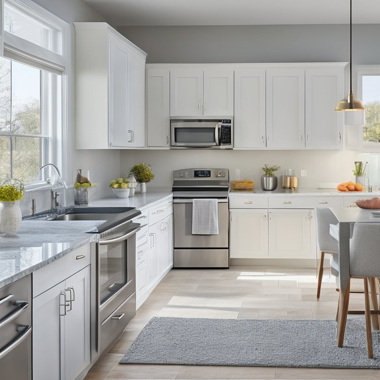 A bright, modern kitchen with sleek white cabinets, stainless steel appliances, and quartz countertops, surrounded by a faint outline of a smaller, cluttered kitchen with worn-out finishes.