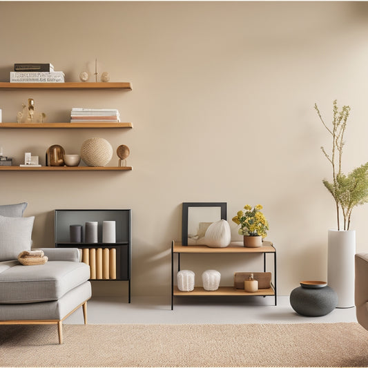 A serene, minimalist living room with a sleek, wall-mounted shelf system, a compact storage ottoman, and a few, carefully-placed, decorative objects, surrounded by plenty of negative space.
