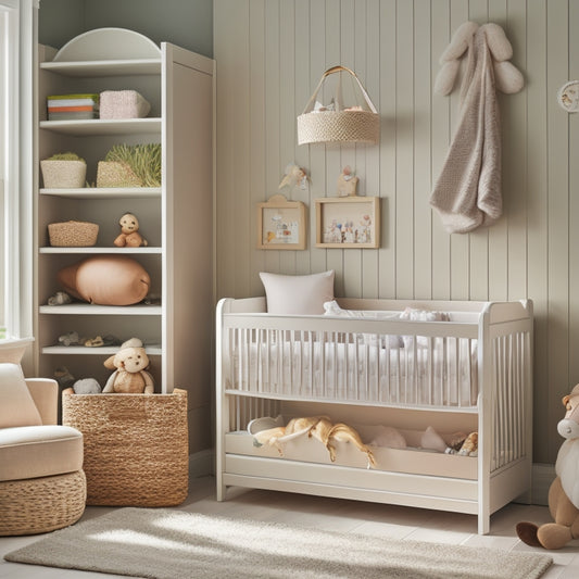 A serene, neutral-toned nursery with a crib against a wall, a changing station with built-in storage bins, and a compact, ladder-like bookshelf holding toys and books.