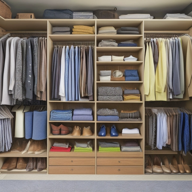 A cluttered closet with clothes scattered on the floor, tangled hangers, and a jumbled mess of shoes, contrasted with a neat and organized closet featuring a custom shelving system, neatly arranged clothes, and a row of polished dress shoes.