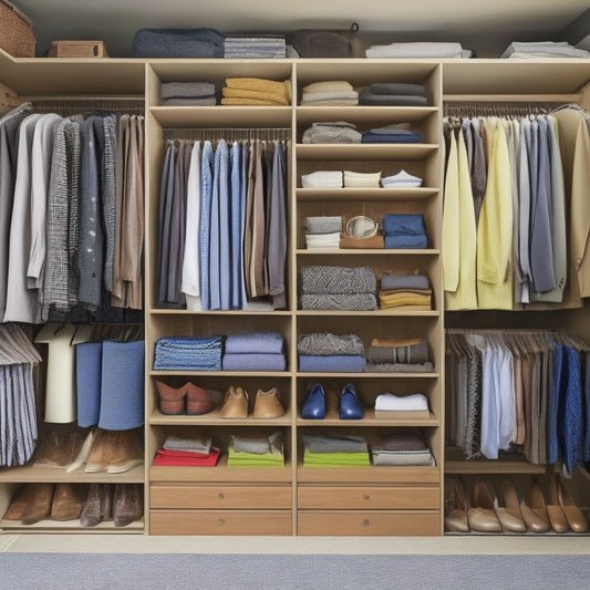 A cluttered closet with clothes scattered on the floor, tangled hangers, and a jumbled mess of shoes, contrasted with a neat and organized closet featuring a custom shelving system, neatly arranged clothes, and a row of polished dress shoes.