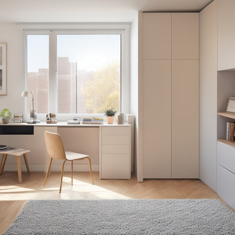 A tidy, minimalist studio apartment with a Murphy bed, a compact desk, and a few, carefully curated decorative items, surrounded by plenty of natural light and negative space.