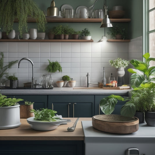 A serene, well-lit kitchen with sleek countertops, minimal utensils, and a few potted green plants, contrasting with a small, cluttered corner in the background, with chaotic utensils and overflowing trash.