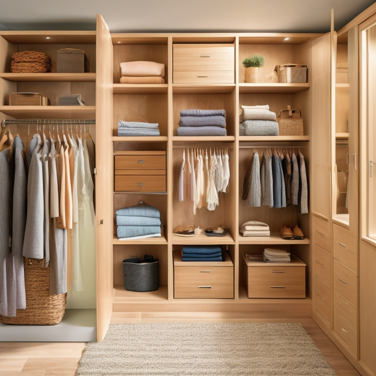 A serene, decluttered closet interior with soft, warm lighting, featuring a floor-to-ceiling organizer system with sliding doors, drawers, and shelves in a natural wood tone, surrounded by neatly arranged clothing and accessories.