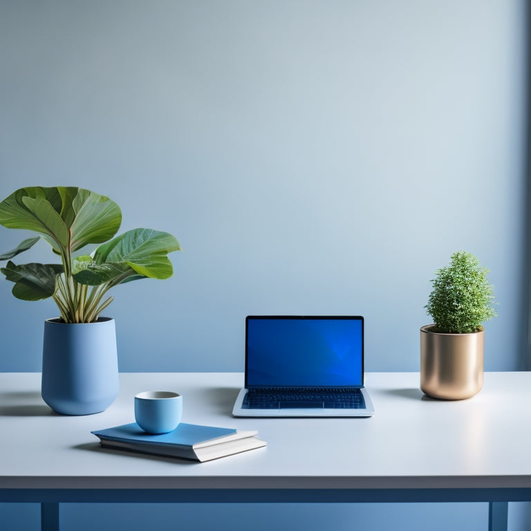 A serene, minimalist desk with a sleek laptop, a few neatly organized files, and a small potted plant, surrounded by a subtle, calming blue background, evoking a sense of clarity and control.