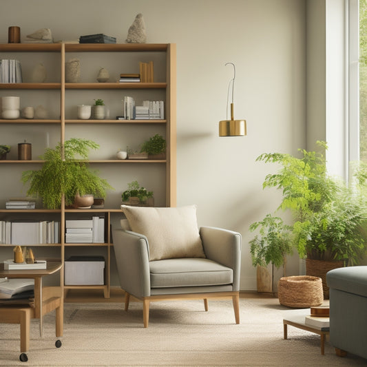 A serene, decluttered living room with a minimalist bookshelf, a neatly organized desk, and a stylish storage ottoman, surrounded by subtle hints of greenery and natural light.