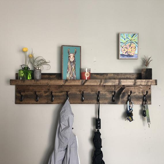 Key and Coat Rack | Entryway Organizer Towel Rack Key Hooks Wall Mounted Catch All Leash Mask Holder Rustic Modern Unique With Shelf by DistressedMeNot