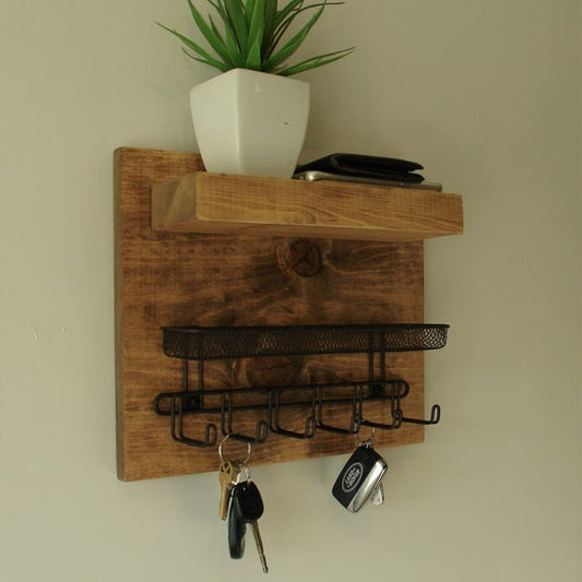 Simply Rustic Organizer Shelf with Storage Basket and Key Hooks by KeoDecor