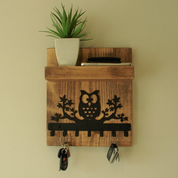 Simply Rustic Organizer Shelf with Perched Owl Branches and Key Hooks by KeoDecor