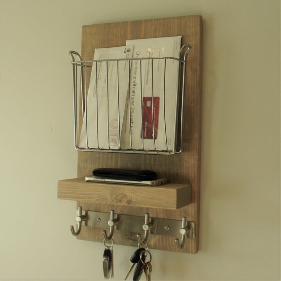 Rustic Entryway Mail Organizer Shelf with Magazine Rack and Key Hooks by KeoDecor