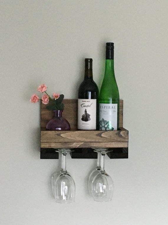 Wood Wine Rack Shelf & Stemware Glass Holder Organizer Unique Bar Shelving Rustic Wedding Gift by DistressedMeNot