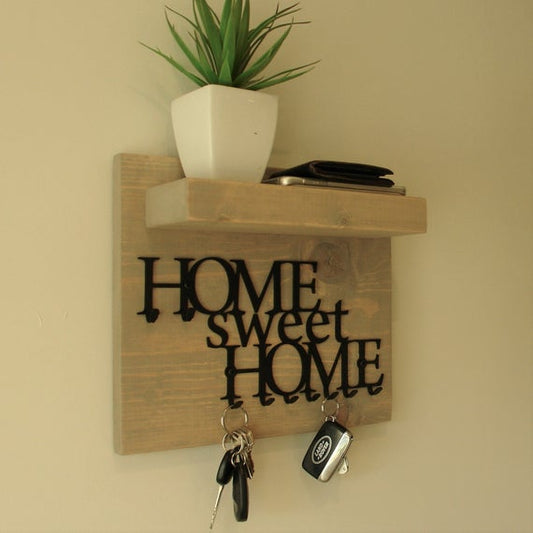 Simply Rustic Organizer Shelf with Home Sweet Home and Key Hooks by KeoDecor