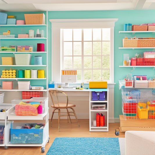 A bright, airy sewing room with floor-to-ceiling shelving, color-coded fabric storage bins, and a sleek, white worktable with built-in thread and notion organizers.