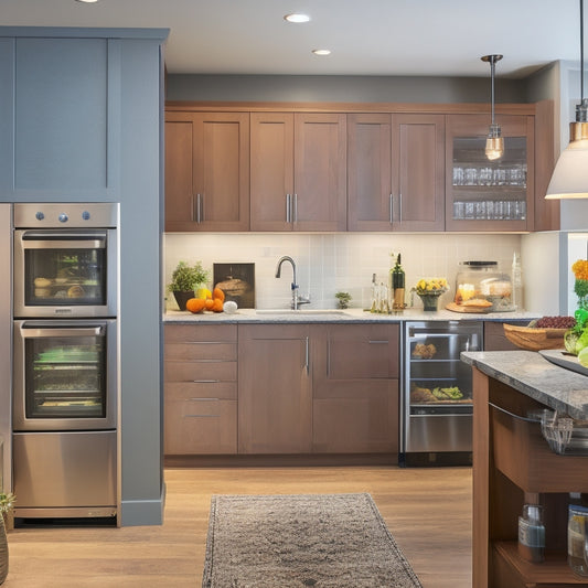 A clutter-free kitchen with custom cabinetry featuring pull-out spice racks, retractable cutting boards, and hidden trash cans, illuminated by soft, warm lighting and surrounded by sleek, modern appliances.