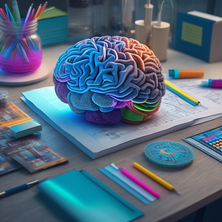 A stylized, 3D blueprint illustration of a brain with glowing, swirling patterns and colorful, interconnected gears, surrounded by organized notes, folders, and a tidy desk.