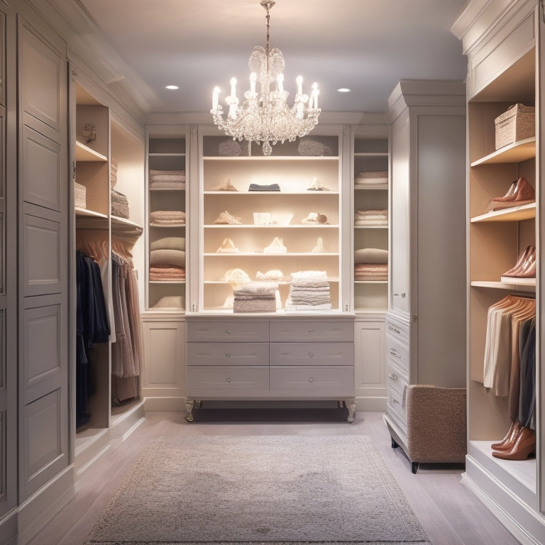 A serene, dimly lit closet with creamy white walls, soft gray flooring, and floor-to-ceiling shelves lined with neatly arranged shoes, handbags, and clothing, illuminated by a single, elegant chandelier.
