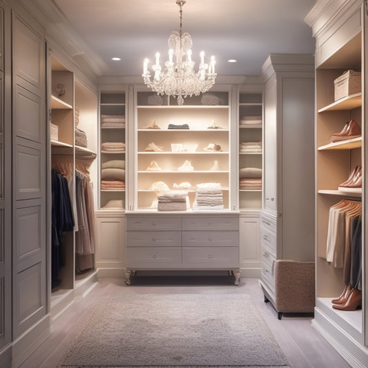 A serene, dimly lit closet with creamy white walls, soft gray flooring, and floor-to-ceiling shelves lined with neatly arranged shoes, handbags, and clothing, illuminated by a single, elegant chandelier.