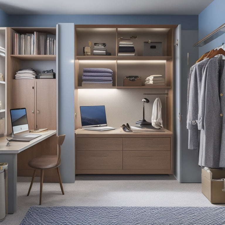 A tidy, modern closet with built-in shelves and drawers, a large-screen laptop on a desk in the center, surrounded by design sketches, fabric swatches, and a cup of coffee.