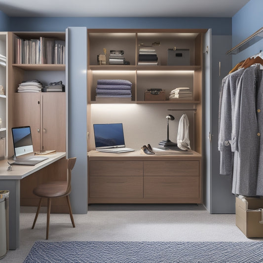 A tidy, modern closet with built-in shelves and drawers, a large-screen laptop on a desk in the center, surrounded by design sketches, fabric swatches, and a cup of coffee.