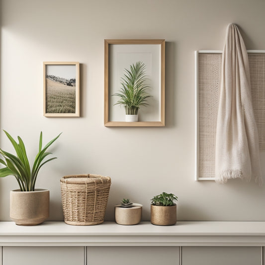 A serene, minimalist corner space with a sleek, wall-mounted shelf holding three woven baskets, a small potted plant, and a few framed photos, set against a soft, creamy background.