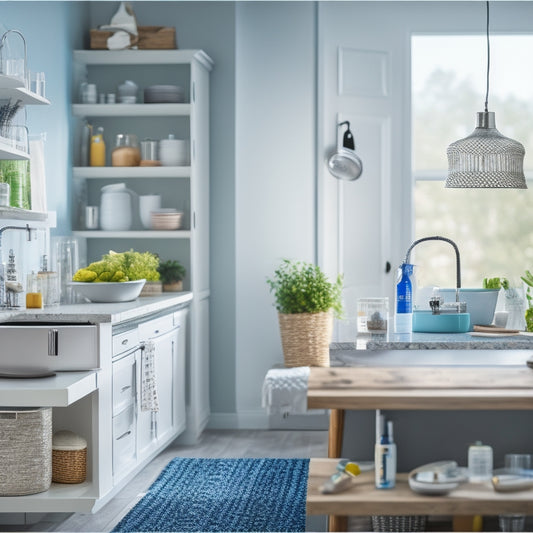 A bright, organized home interior with a sparkling clean kitchen, a tidy living room, and a spotless bathroom, featuring a variety of cleaning tools and products in the foreground.