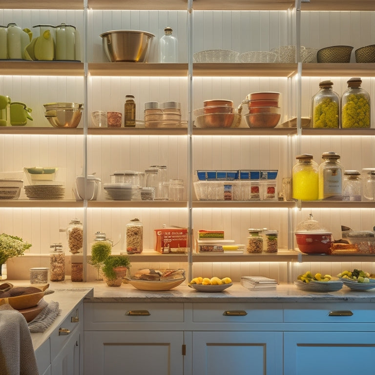A modern kitchen with soft, warm glow emanating from LED strip lights beneath cabinets, illuminating organized rows of cookbooks, utensils, and glass jars on adjustable shelves and drawers.