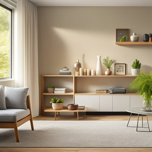 A serene, modern living room with a minimalist aesthetic, featuring a sleek, wall-mounted shelf system, a storage ottoman, and a few, carefully-placed decorative items, bathed in soft, natural light.