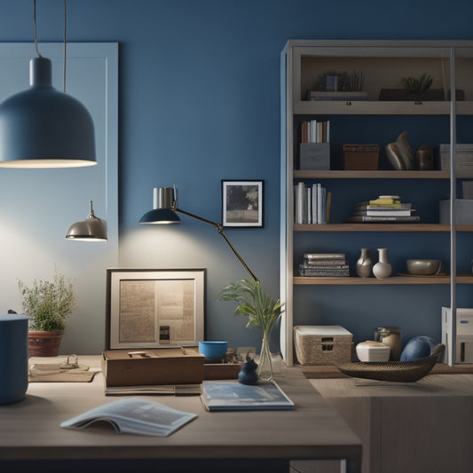 A serene, well-lit room with a desk, a laptop open to a course website, surrounded by organized storage bins, decorative vases, and a few rolled-up blueprints, with a subtle background of a minimalist bookshelf.