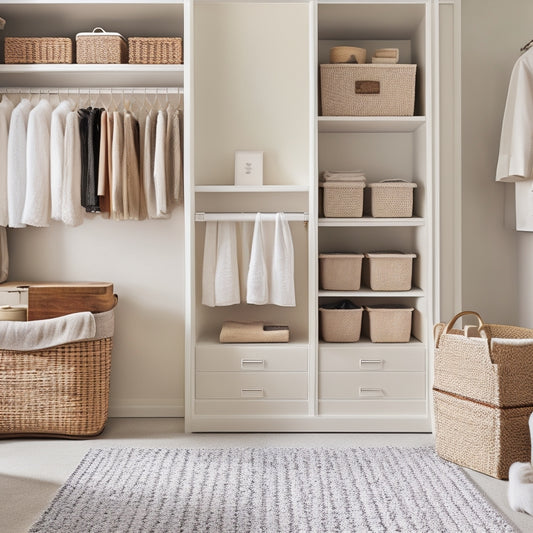 A serene, minimalist closet with a custom-built shelving system, soft cream-colored walls, and a plush area rug, featuring a mix of woven baskets and sleek, modern storage bins.