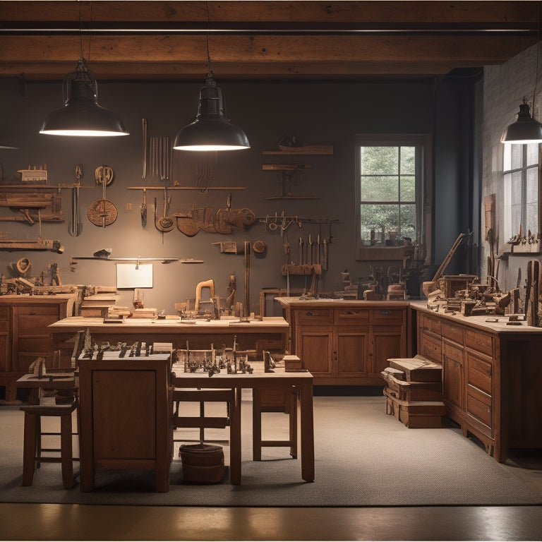 A modern, well-lit workshop with sleek, high-tech machinery alongside traditional woodworking tools, surrounded by half-finished craft projects and innovative furniture pieces with curved, ergonomic designs.