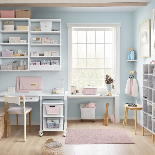A tidy sewing room with a wall-mounted fold-down ironing board, a compact shelving unit with stacked plastic bins, and a small, wheeled storage cart with drawers, amidst a calming backdrop of soft pastel colors.