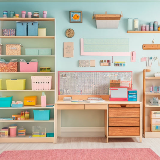 A serene, clutter-free craft room with a large wooden desk, neatly arranged tools, and a pegboard with hung scissors, surrounded by pastel-colored storage bins and a few inspirational fabric swatches.