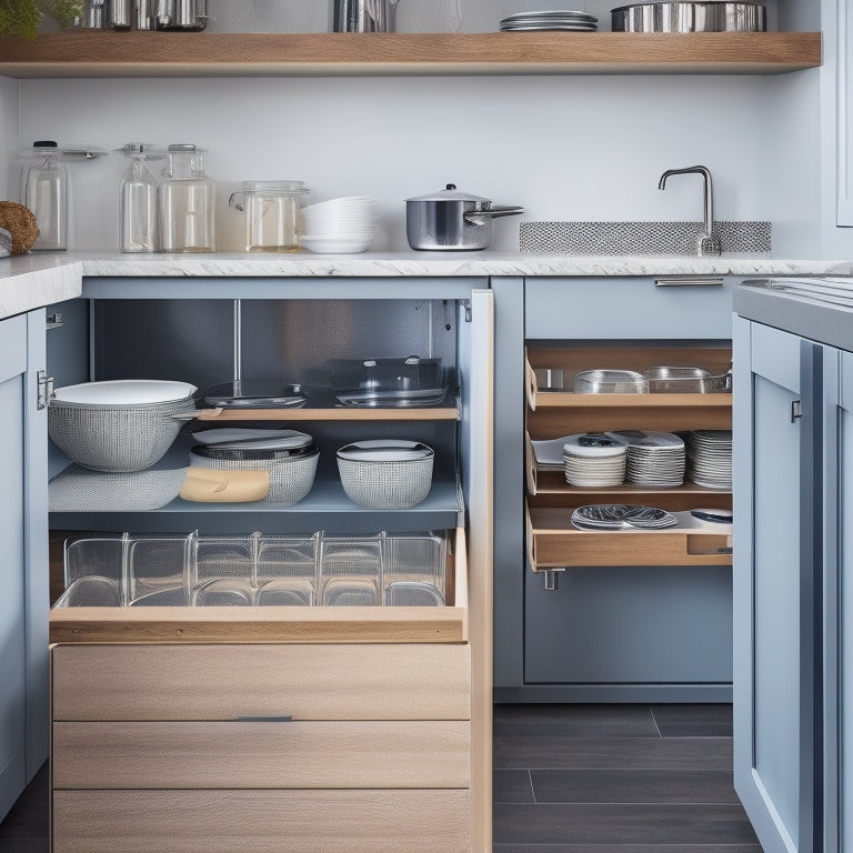 A modern kitchen with sleek, handle-less drawers in various sizes, some with dividers, inserts, or pull-out shelves, showcasing organized utensils, cookware, and ingredients in a compact, clutter-free space.